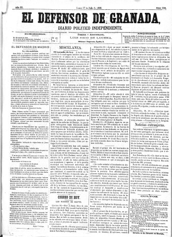 'El Defensor de Granada  : diario político independiente' - Año III Número 649  - 1882 Julio 17