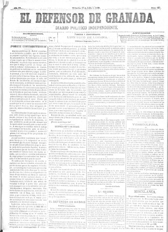 'El Defensor de Granada  : diario político independiente' - Año III Número 651  - 1882 Julio 19