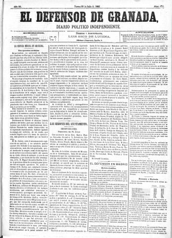 'El Defensor de Granada  : diario político independiente' - Año III Número 652  - 1882 Julio 20