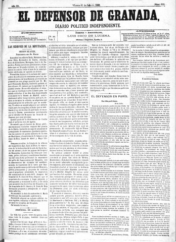 'El Defensor de Granada  : diario político independiente' - Año III Número 653  - 1882 Julio 21