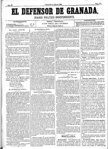 'El Defensor de Granada  : diario político independiente' - Año III Número 654  - 1882 Julio 22