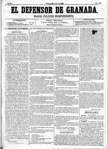 'El Defensor de Granada  : diario político independiente' - Año III Número 655  - 1882 Julio 23