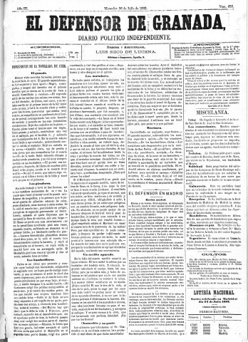 'El Defensor de Granada  : diario político independiente' - Año III Número 658  - 1882 Julio 26