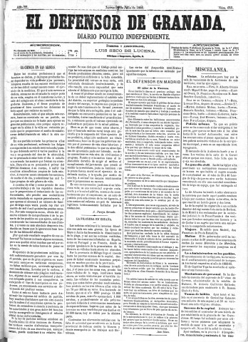 'El Defensor de Granada  : diario político independiente' - Año III Número 659  - 1882 Julio 27