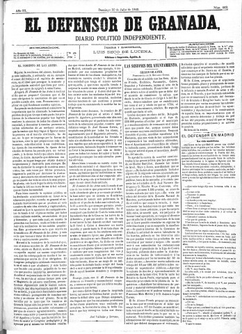 'El Defensor de Granada  : diario político independiente' - Año III Número 662  - 1882 Julio 30