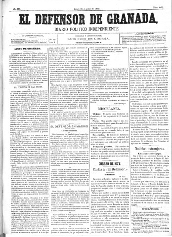 'El Defensor de Granada  : diario político independiente' - Año III Número 663  - 1882 Julio 31