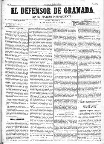 'El Defensor de Granada  : diario político independiente' - Año III Número 664  - 1882 Agosto 01