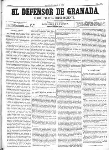 'El Defensor de Granada  : diario político independiente' - Año III Número 665  - 1882 Agosto 02
