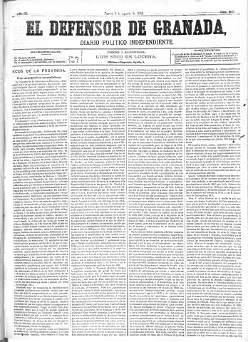 'El Defensor de Granada  : diario político independiente' - Año III Número 666  - 1882 Agosto 03