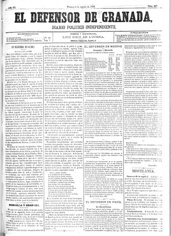 'El Defensor de Granada  : diario político independiente' - Año III Número 667  - 1882 Agosto 04