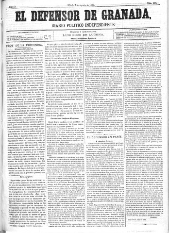 'El Defensor de Granada  : diario político independiente' - Año III Número 668  - 1882 Agosto 05