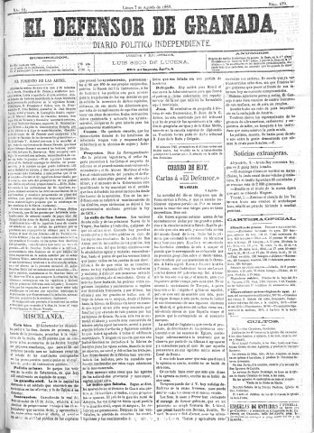 'El Defensor de Granada  : diario político independiente' - Año III Número 670  - 1882 Agosto 07