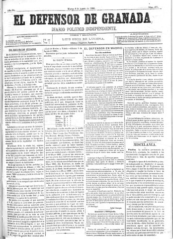 'El Defensor de Granada  : diario político independiente' - Año III Número 671  - 1882 Agosto 08