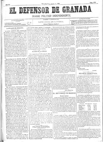 'El Defensor de Granada  : diario político independiente' - Año III Número 672  - 1882 Agosto 09