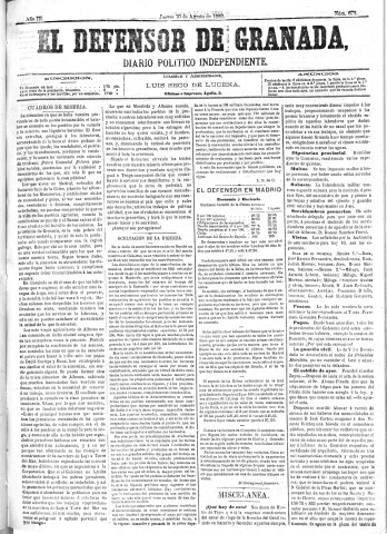 'El Defensor de Granada  : diario político independiente' - Año III Número 673  - 1882 Agosto 10