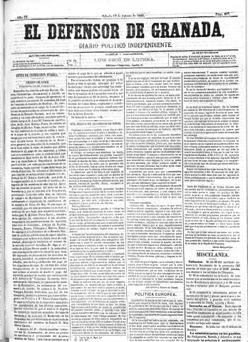 'El Defensor de Granada  : diario político independiente' - Año III Número 675  - 1882 Agosto 12