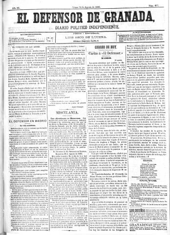 'El Defensor de Granada  : diario político independiente' - Año III Número 677  - 1882 Agosto 14