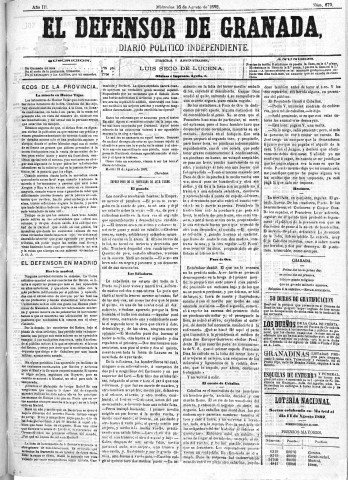 'El Defensor de Granada  : diario político independiente' - Año III Número 679  - 1882 Agosto 16