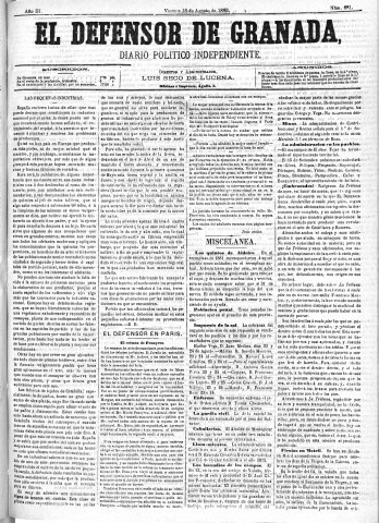 'El Defensor de Granada  : diario político independiente' - Año III Número 681  - 1882 Agosto 18