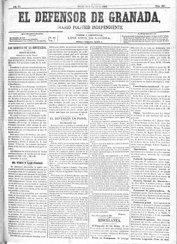 'El Defensor de Granada  : diario político independiente' - Año III Número 682  - 1882 Agosto 19