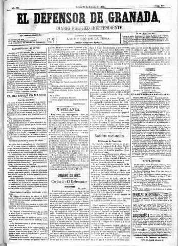 'El Defensor de Granada  : diario político independiente' - Año III Número 684  - 1882 Agosto 21