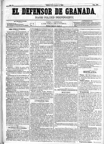 'El Defensor de Granada  : diario político independiente' - Año III Número 685  - 1882 Agosto 22