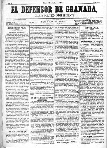 'El Defensor de Granada  : diario político independiente' - Año III Número 696  - 1882 Septiembre 02