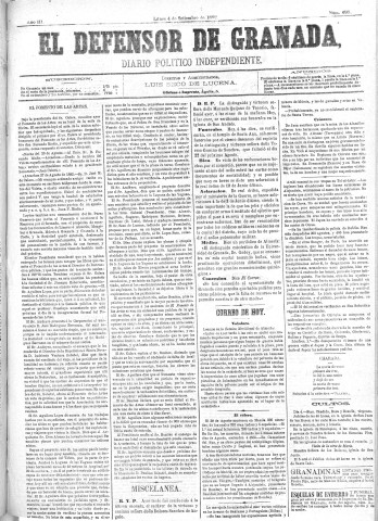 'El Defensor de Granada  : diario político independiente' - Año III Número 698  - 1882 Septiembre 04