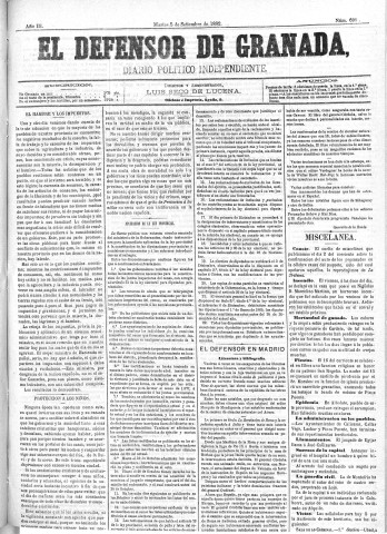 'El Defensor de Granada  : diario político independiente' - Año III Número 699  - 1882 Septiembre 05