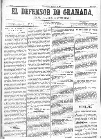 'El Defensor de Granada  : diario político independiente' - Año III Número 400  - 1882 Septiembre 06