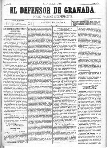 'El Defensor de Granada  : diario político independiente' - Año III Número 401  - 1882 Septiembre 07