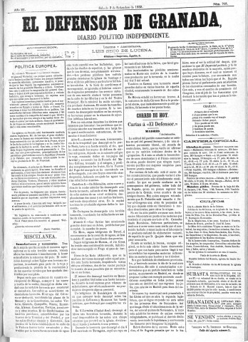 'El Defensor de Granada  : diario político independiente' - Año III Número 703  - 1882 Septiembre 09