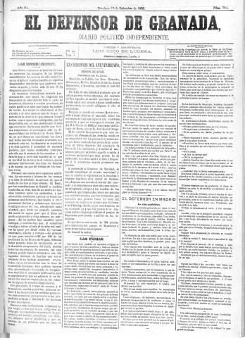'El Defensor de Granada  : diario político independiente' - Año III Número 704  - 1882 Septiembre 10