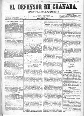 'El Defensor de Granada  : diario político independiente' - Año III Número 705  - 1882 Septiembre 11