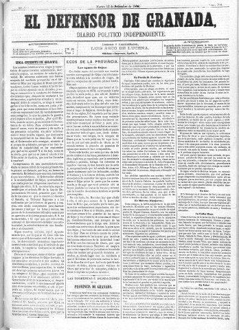 'El Defensor de Granada  : diario político independiente' - Año III Número 706  - 1882 Septiembre 12