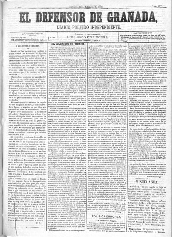 'El Defensor de Granada  : diario político independiente' - Año III Número 707  - 1882 Septiembre 13