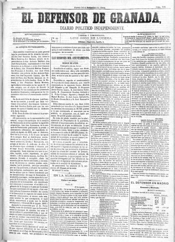 'El Defensor de Granada  : diario político independiente' - Año III Número 708  - 1882 Septiembre 14
