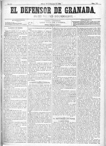 'El Defensor de Granada  : diario político independiente' - Año III Número 710  - 1882 Septiembre 16