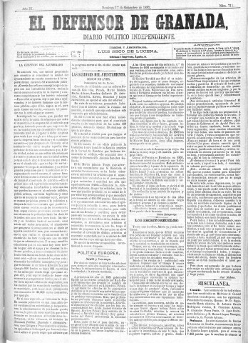 'El Defensor de Granada  : diario político independiente' - Año III Número 711  - 1882 Septiembre 17