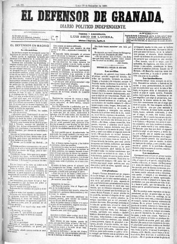 'El Defensor de Granada  : diario político independiente' - Año III Número 712  - 1882 Septiembre 18