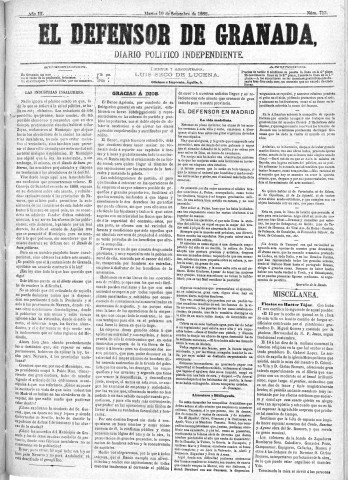 'El Defensor de Granada  : diario político independiente' - Año III Número 713  - 1882 Septiembre 19