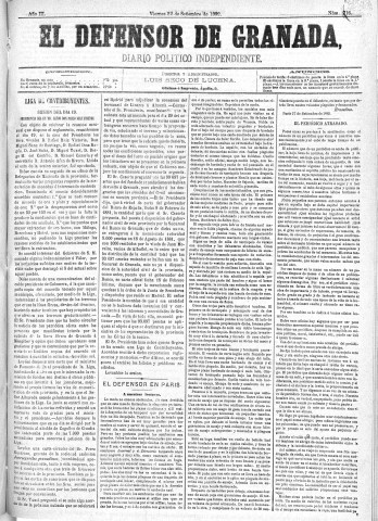 'El Defensor de Granada  : diario político independiente' - Año III Número 716  - 1882 Septiembre 22