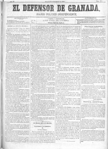 'El Defensor de Granada  : diario político independiente' - Año III Número 717  - 1882 Septiembre 23