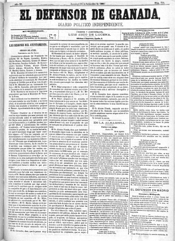 'El Defensor de Granada  : diario político independiente' - Año III Número 718  - 1882 Septiembre 24