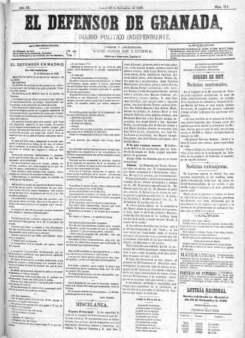 'El Defensor de Granada  : diario político independiente' - Año III Número 719  - 1882 Septiembre 25