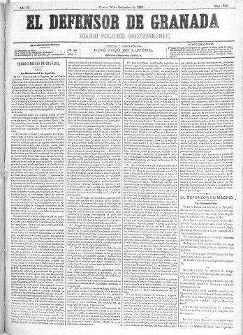 'El Defensor de Granada  : diario político independiente' - Año III Número 720  - 1882 Septiembre 26