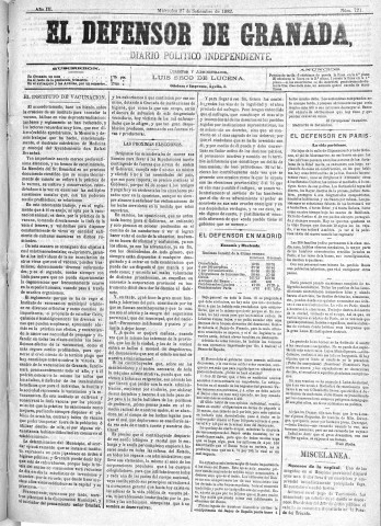 'El Defensor de Granada  : diario político independiente' - Año III Número 721  - 1882 Septiembre 27