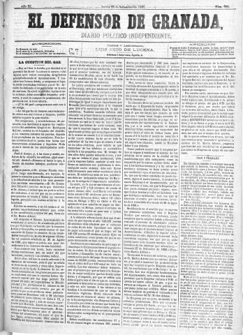 'El Defensor de Granada  : diario político independiente' - Año III Número 722  - 1882 Septiembre 28