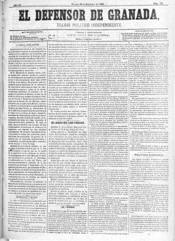 'El Defensor de Granada  : diario político independiente' - Año III Número 723  - 1882 Septiembre 29