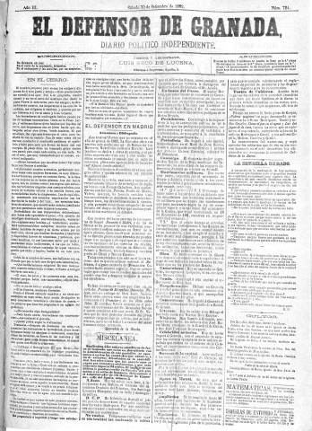 'El Defensor de Granada  : diario político independiente' - Año III Número 724  - 1882 Septiembre 30